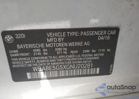 2016 BMW 320I xDrive from USA, damaged, VIN WBA8E5G5XGNU20281